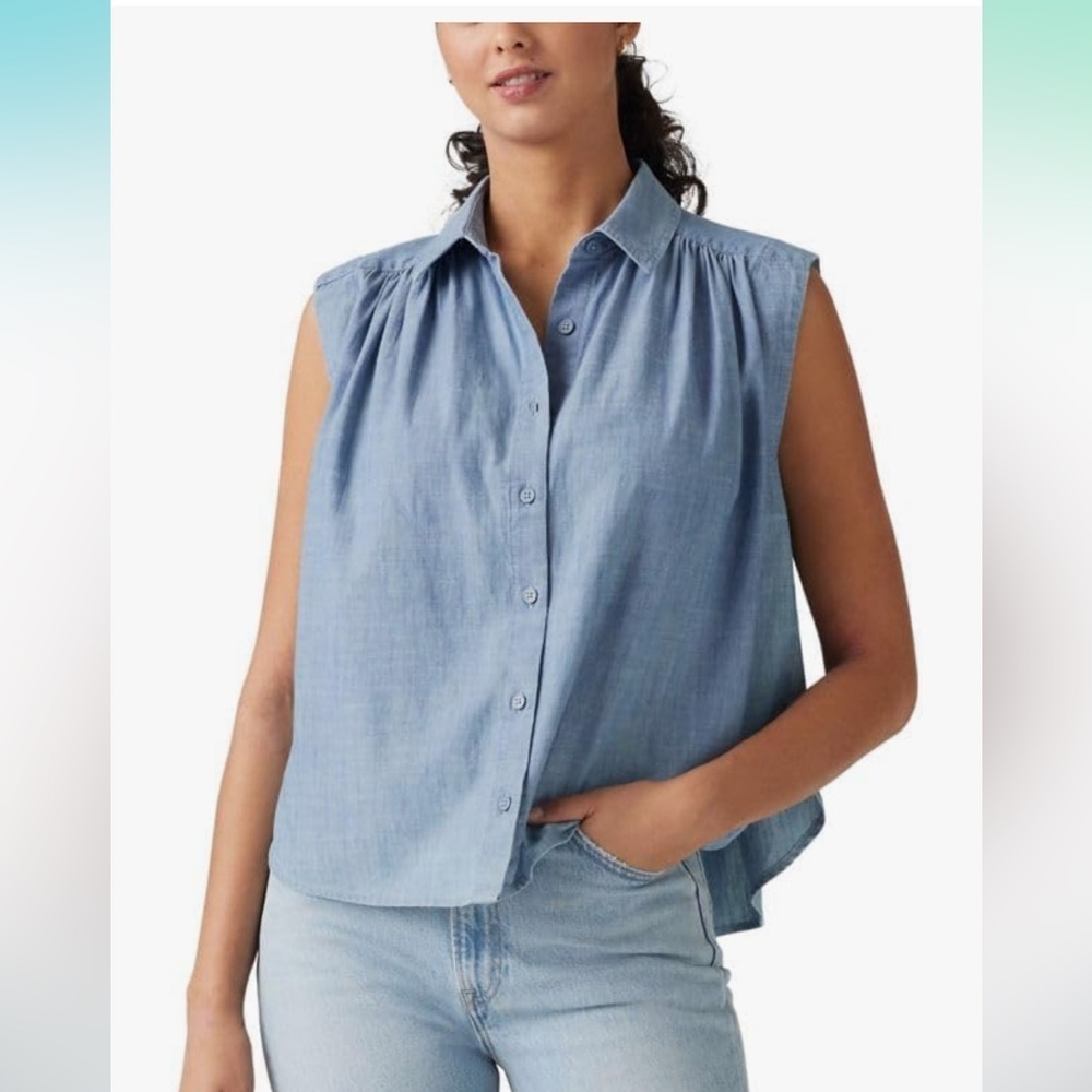 Levi's Women's Sleeveless Gracen Chambray Blue Button Up Cotton Blouse, Gathered